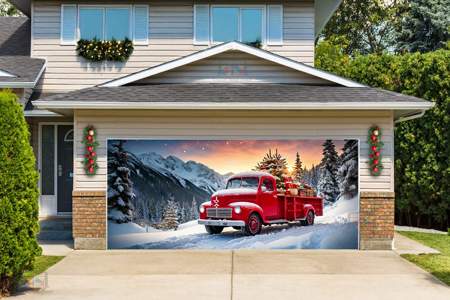 Red Truck Winter Wonderland Garage Door Cover Banner Decoration - Decor Your Door