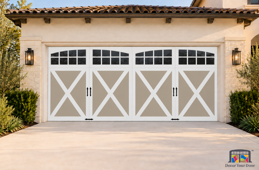 Sandstone with Arch Window printed garage door cover — Two Car Front