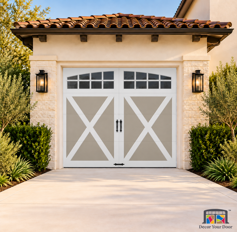 Sandstone with Arch Window printed garage door cover — One Car Front