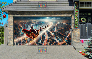 Santa Claus Is Delivering Kids Presents On Reindeers Garage Door Wrap Cover Mural Decoration