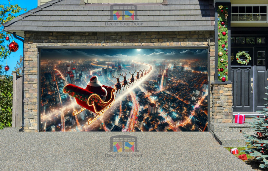 Santa Claus Is Delivering Kids Presents On Reindeers Garage Door Wrap Cover Mural Decoration