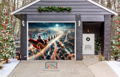 Santa Claus Is Delivering Kids Presents On Reindeers Garage Door Wrap Cover Mural Decoration