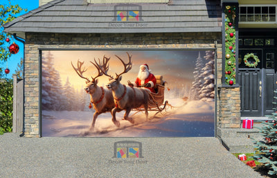 Santa Claus Rides In a Reindeer Sleigh Garage Door Wrap Cover Christmas Decoration