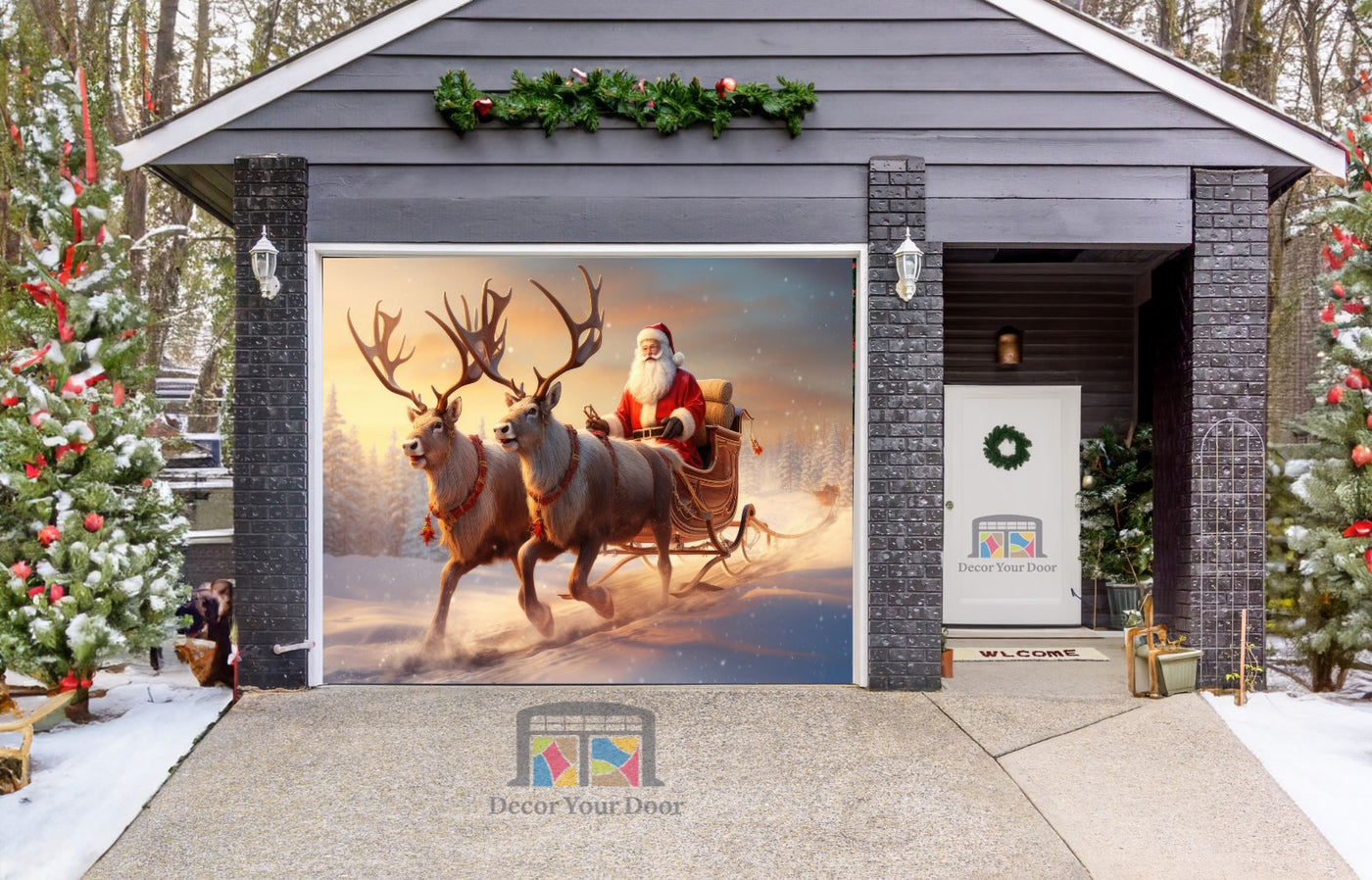 Santa Claus Rides In a Reindeer Sleigh Garage Door Wrap Cover Christmas Decoration