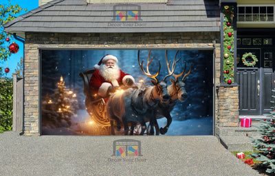 Santa Claus Riding His Sleigh With Reindeer Garage Door Wrap Cover Mural Decoration