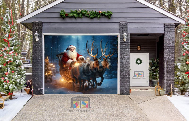 Santa Claus Riding His Sleigh With Reindeer Garage Door Wrap Cover Mural Decoration — exterior clearance cover