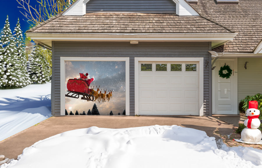 Santa Claus Riding On Sleigh With Gift Box Garage Door Cover Wrap Christmas Banner