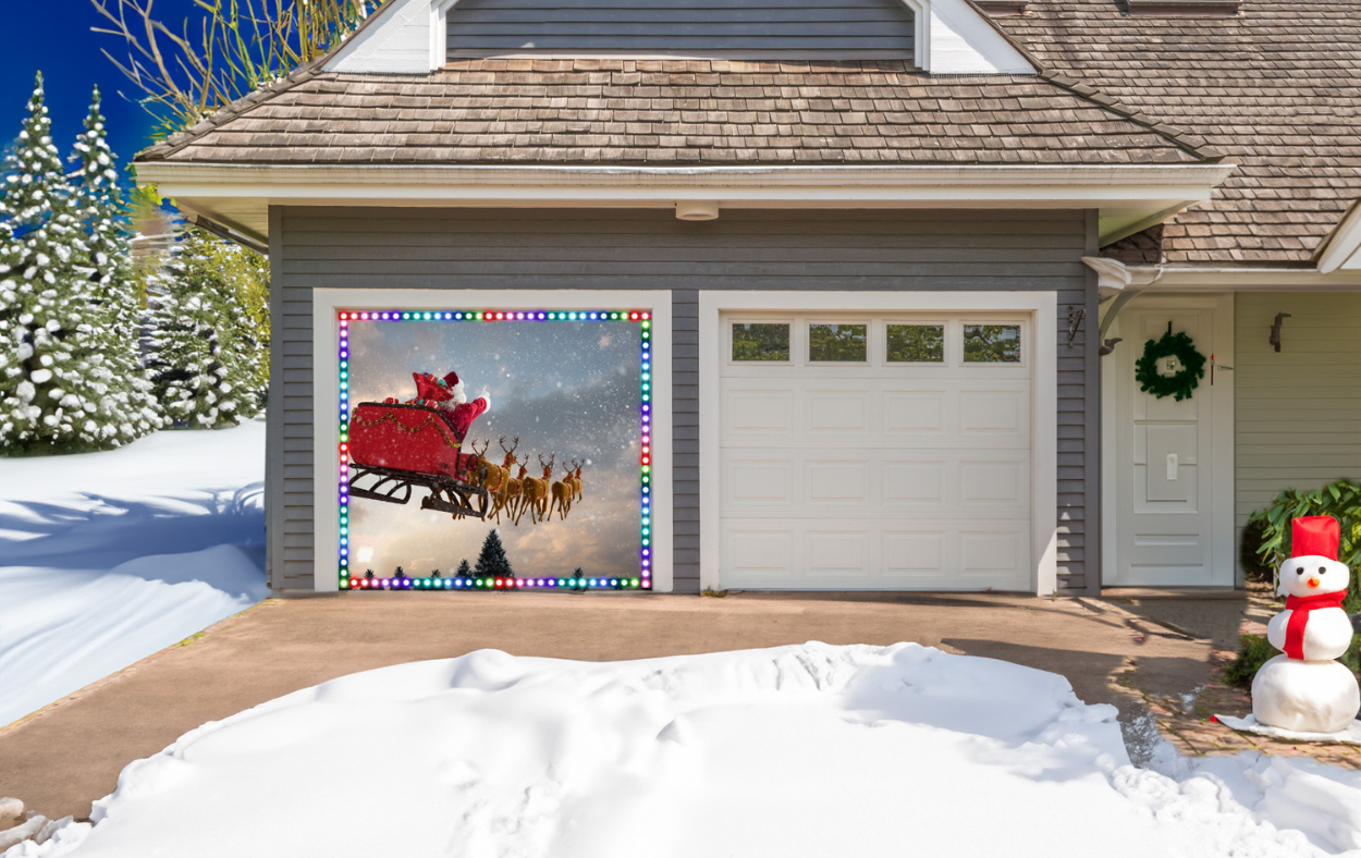 Santa Claus Riding On Sleigh With Gift Box Garage Door Cover Wrap Christmas Banner