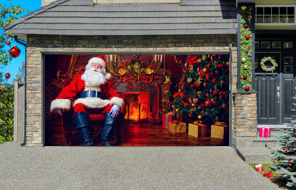 Santa Claus Sitting In The Living Room Christmas Garage Door Cover Wrap Christmas Banner — exterior clearance cover