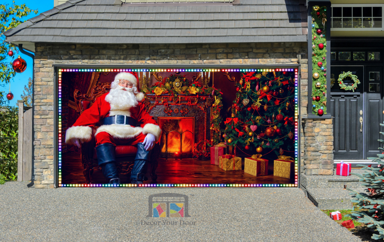 Santa Claus Sitting In The Living Room Christmas Garage Door Cover Wrap Christmas Banner