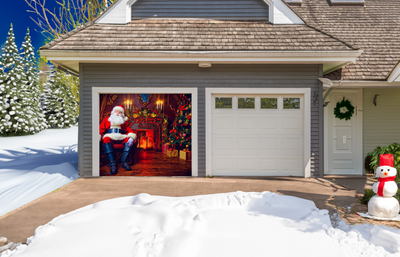 Santa Claus Sitting In The Living Room Christmas Garage Door Cover Wrap Christmas Banner