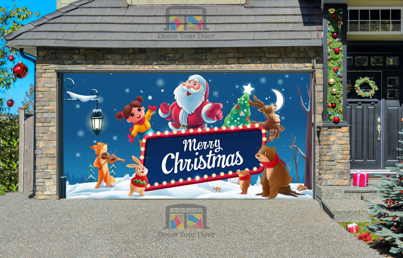 Santa Claus With His Friends On Christmas Day Garage Door Wrap Cover Mural Decoration