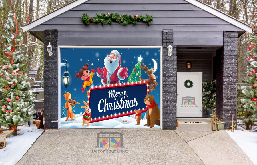 Santa Claus With His Friends On Christmas Day Garage Door Wrap Cover Mural Decoration