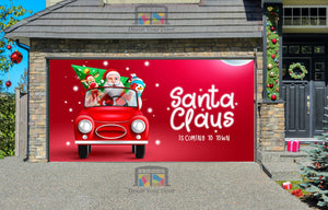 Santa Is Coming To Town With Reindeer And Snowman Riding In Car Garage Door Wrap Cover Mural Decoration