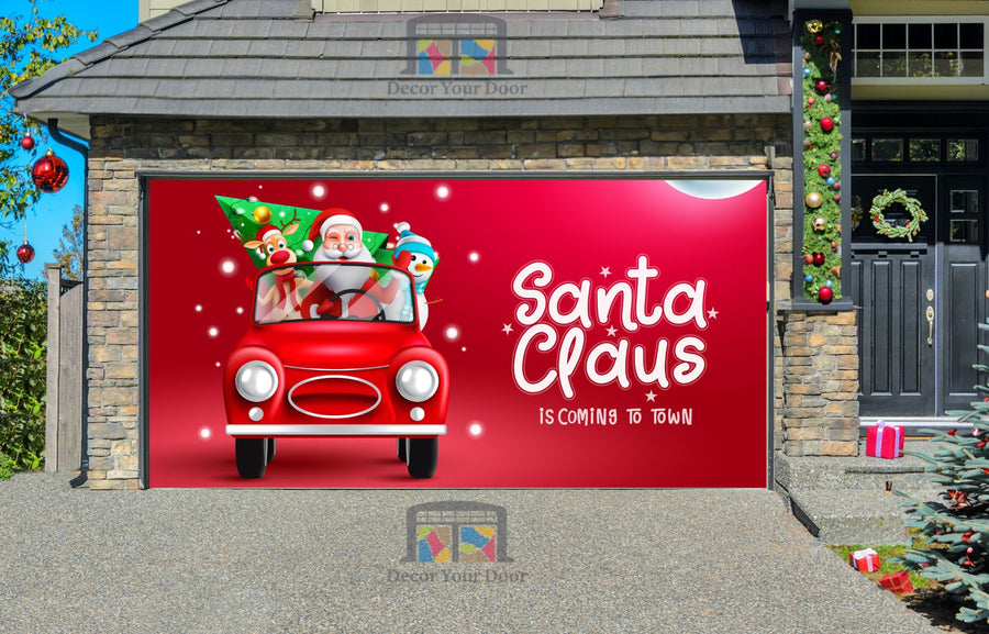 Santa Is Coming To Town With Reindeer And Snowman Riding In Car Garage Door Wrap Cover Mural Decoration