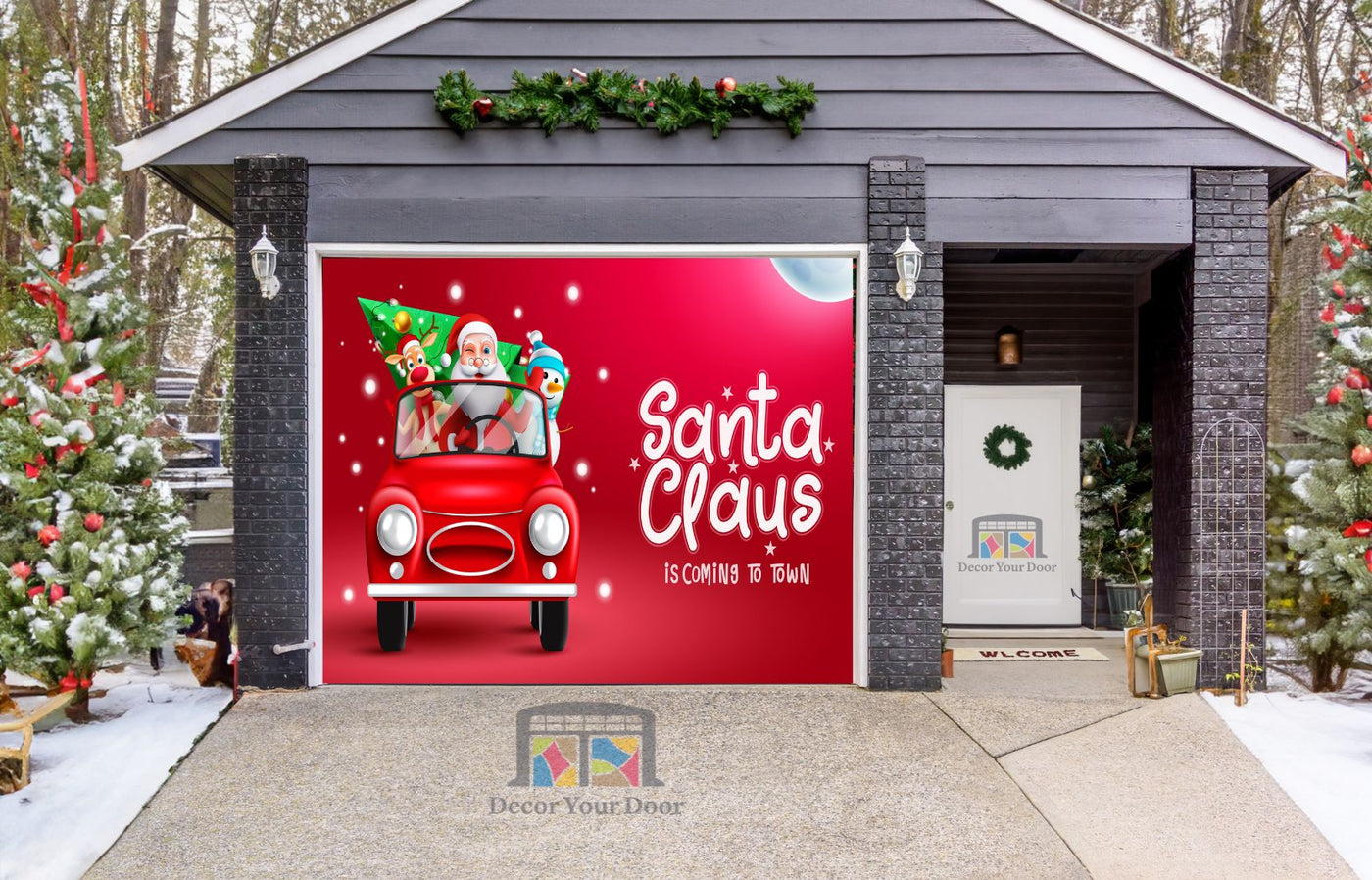 Santa Is Coming To Town With Reindeer And Snowman Riding In Car Garage Door Wrap Cover Mural Decoration