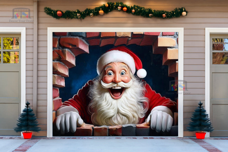 Santa's Brick Wall Surprise Garage Door Cover Banner Decoration - Decor Your Door
