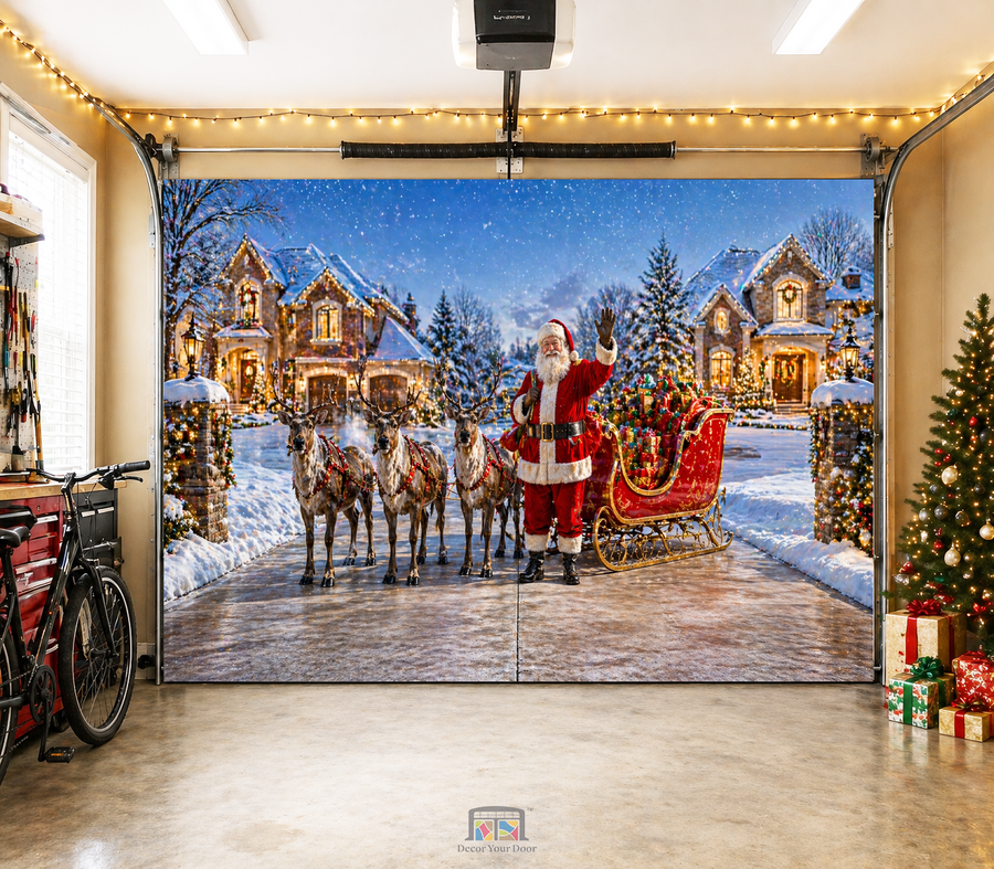 Santa’s Grand Arrival – Snowy Christmas Garage Door Cover