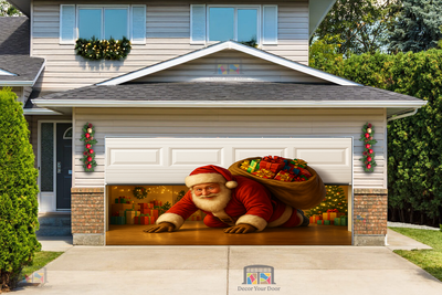 Santa's Great Escape garage door cover with Santa sneaking under the door, gifts and Christmas tree in the background.