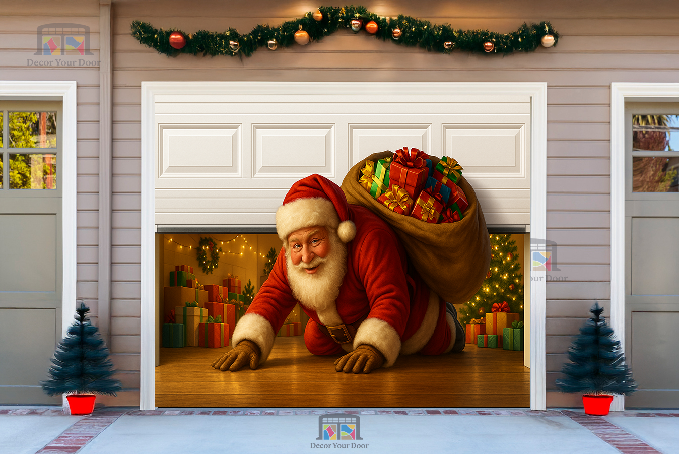 Santa Claus sneaking under a half-open garage door with a sack of gifts and a festive Christmas background.