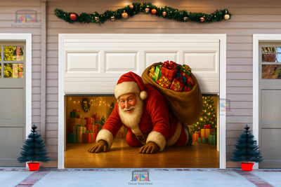 Santa Claus sneaking under a half-open garage door with a sack of gifts and a festive Christmas background.