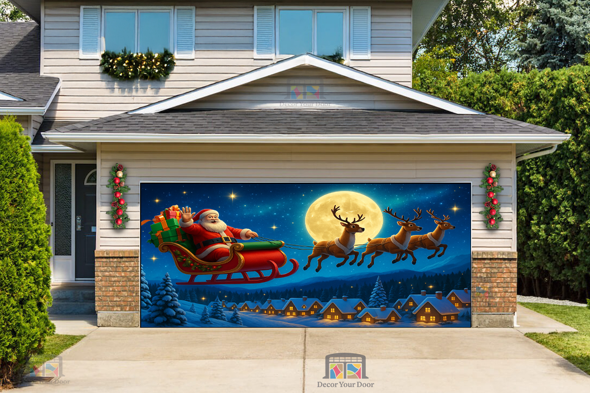 Santa’s Moonlight Flight – Christmas Garage Door Cover
