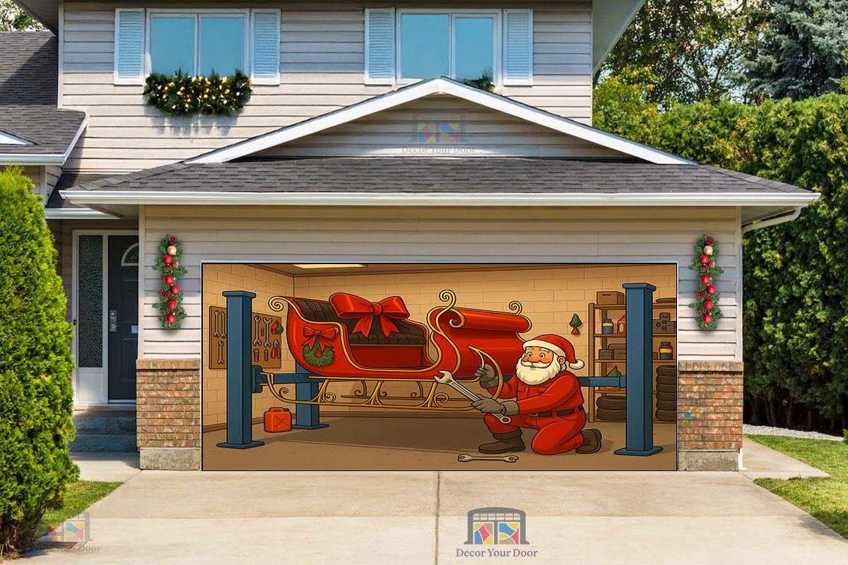 Puesta a punto del trineo de Papá Noel: Cubierta para puerta de garaje navideña 