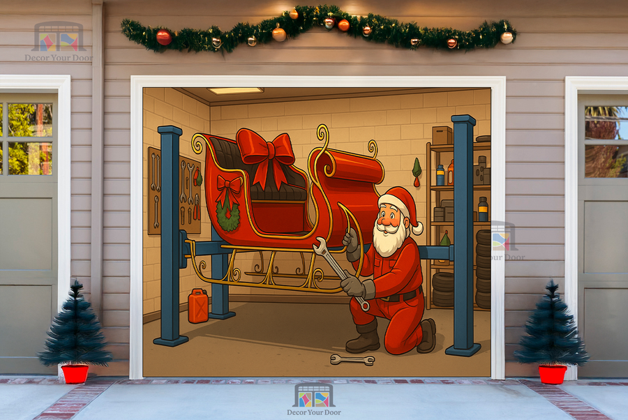 Santa’s Sleigh Tune Up – Christmas Garage Door Cover