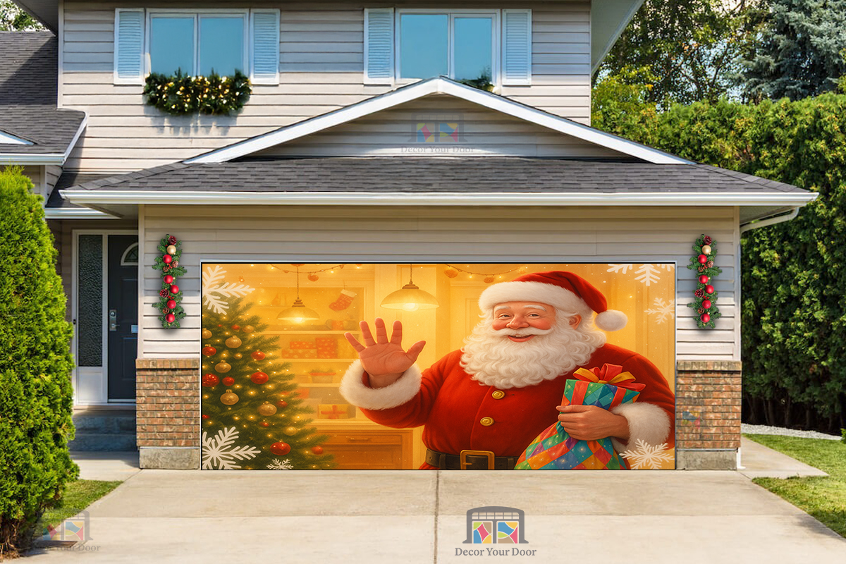 Cálida bienvenida de Santa Claus: Cubierta navideña para puerta de garaje 