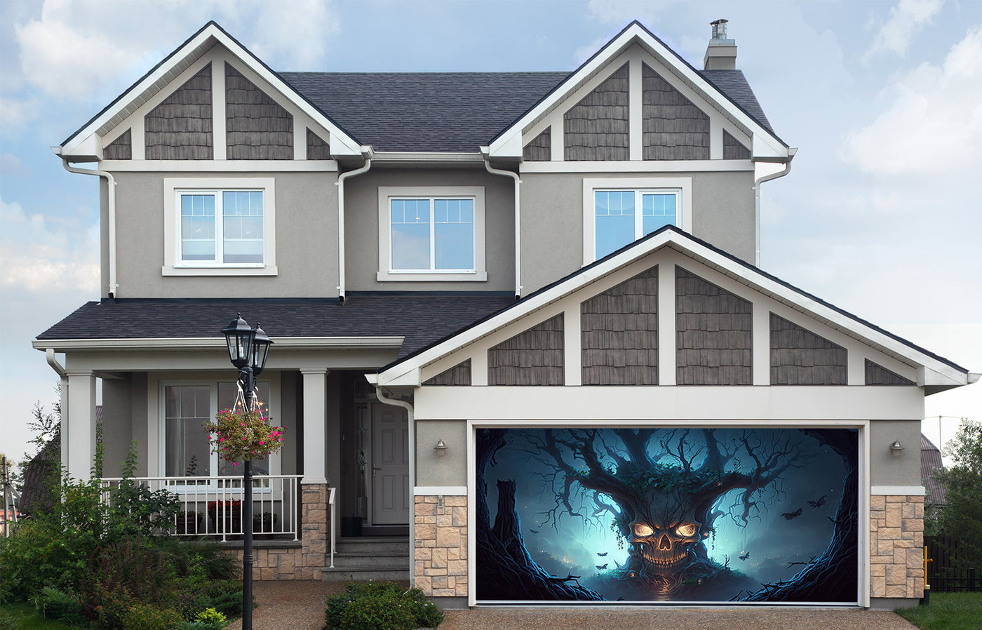 Scary Halloween Skull That Is Also a Tree Garage Door Cover