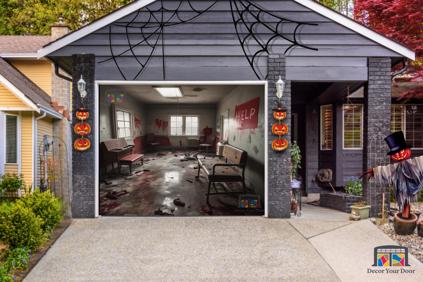 Sinister Abandoned Hospital Room with Wheelchair and "Help" Garage Door Cover Banner Wrap - Decor Your Door