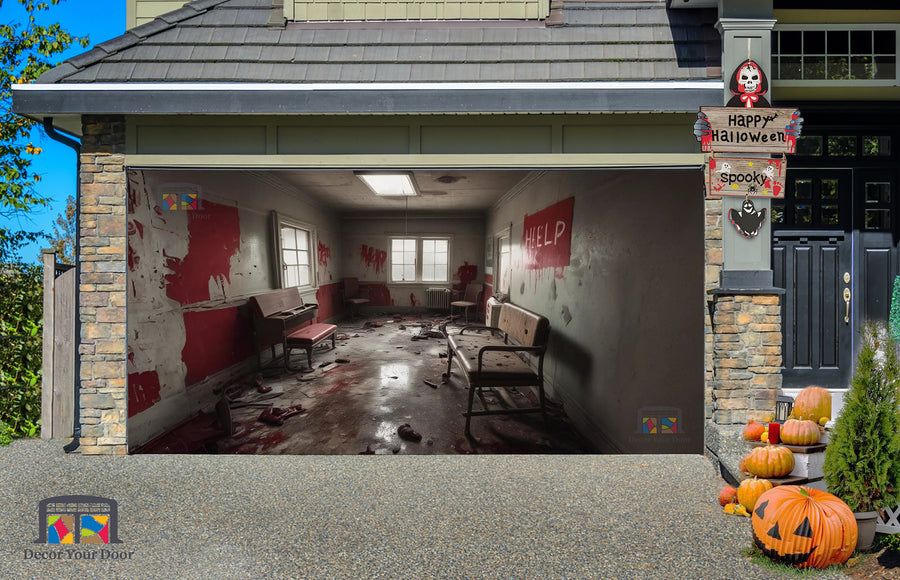 Habitación de hospital abandonada y siniestra con silla de ruedas y pancarta de "Ayuda" para la puerta del garaje - Decora tu puerta