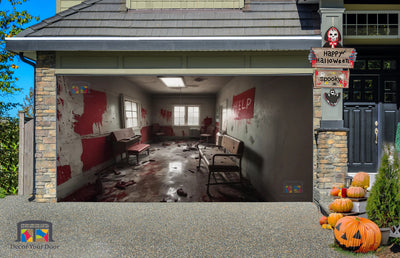 Sinister Abandoned Hospital Room with Wheelchair and "Help" Garage Door Cover Banner Wrap - Decor Your Door