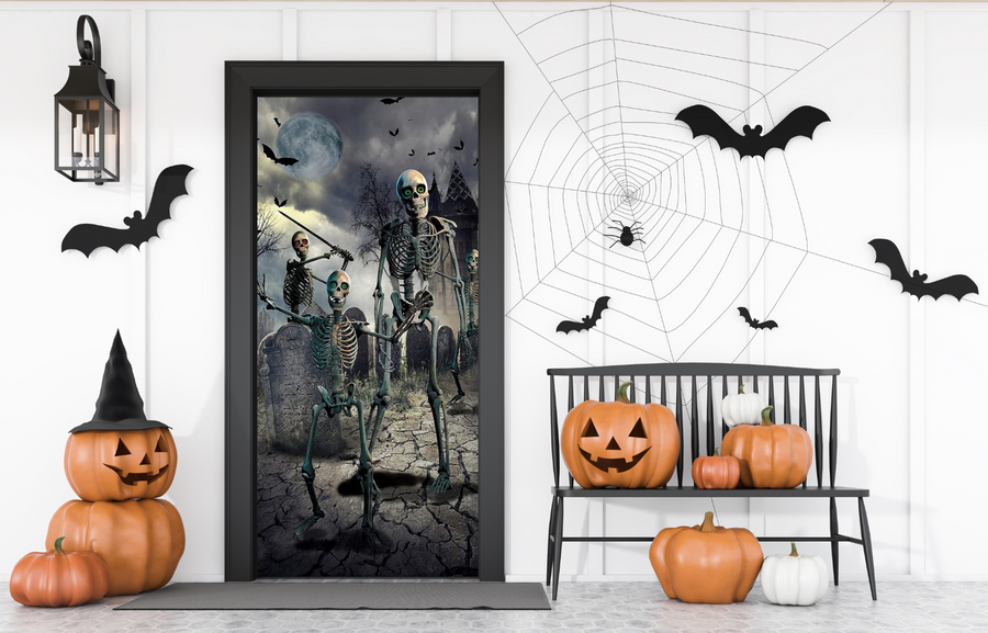 Cubierta para puerta principal de Halloween con cementerio de esqueletos