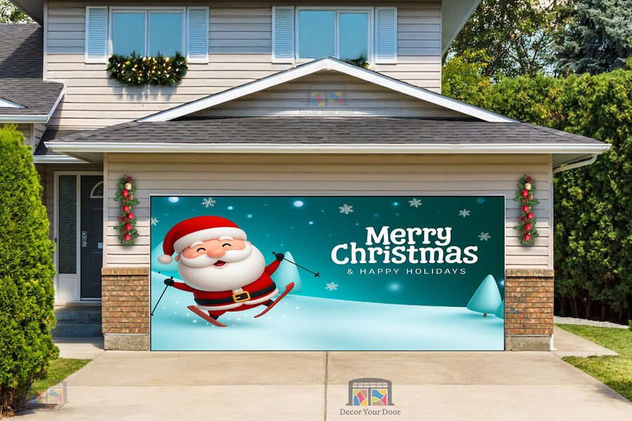 Skiing Santa – Merry Christmas Garage Door Cover