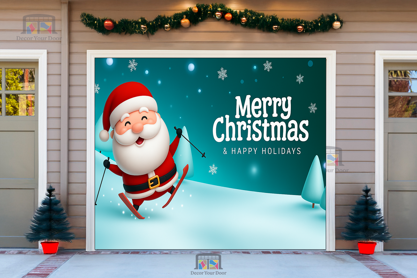 Papá Noel esquiando – Cubierta para puerta de garaje de Feliz Navidad