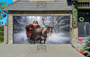 Sleigh With Reindeer And Santa Claus Garage Door Wrap Cover Mural Decoration