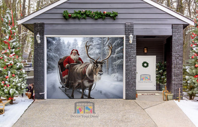 Sleigh With Reindeer And Santa Claus Garage Door Wrap Cover Mural Decoration