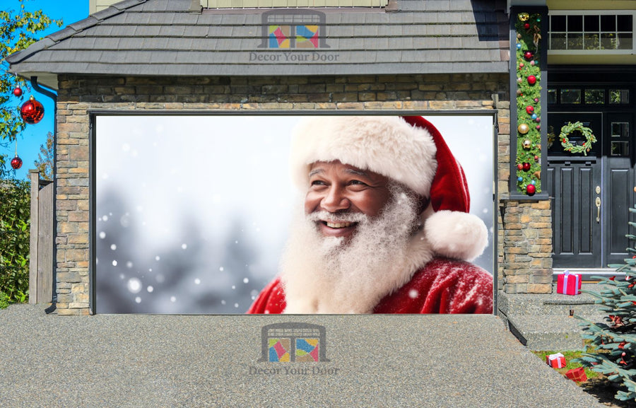Smiling Santa Claus In Winter Christmas Scenery With Snow Falling Garage Door Wrap Cover Christmas Decoration