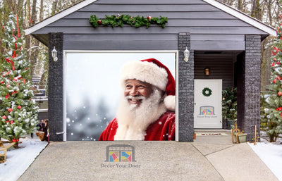 Smiling Santa Claus In Winter Christmas Scenery With Snow Falling Garage Door Wrap Cover Christmas Decoration