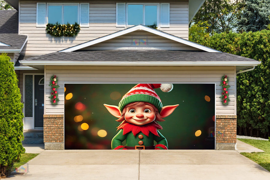 Smiling Elf Delight Garage Door Cover Banner Decoration - Decor Your Door