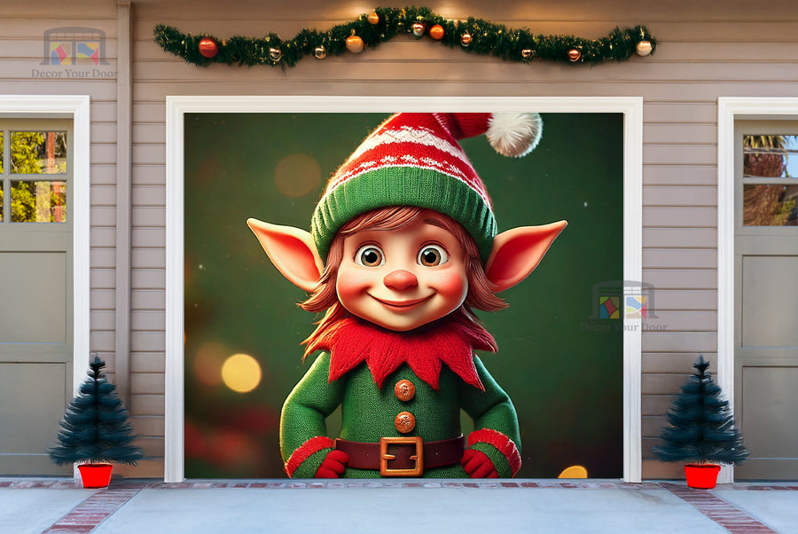 Smiling Elf Delight Garage Door Cover Banner Decoration - Decor Your Door