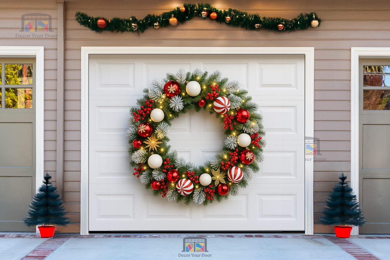 Corona de menta Snowburst – Cubierta navideña para puerta de garaje