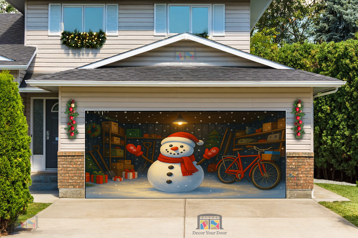 Snowman in the Workshop – Christmas Garage Door Cover