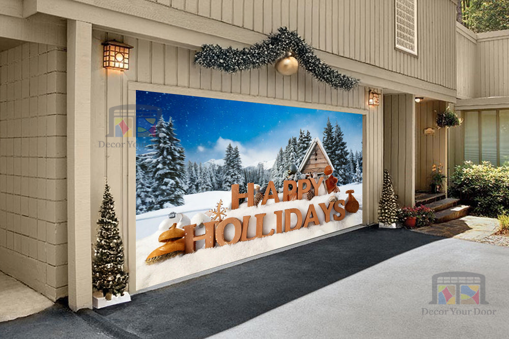 Snowy Happy Holidays Greeting Garage Door Cover Banner Decoration - Decor Your Door