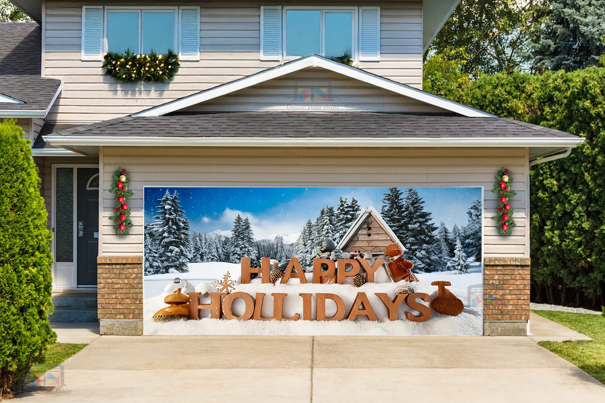 Snowy Happy Holidays Greeting Garage Door Cover Banner Decoration - Decor Your Door