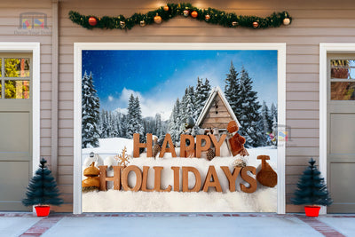 Snowy Happy Holidays Greeting Garage Door Cover Banner Decoration - Decor Your Door