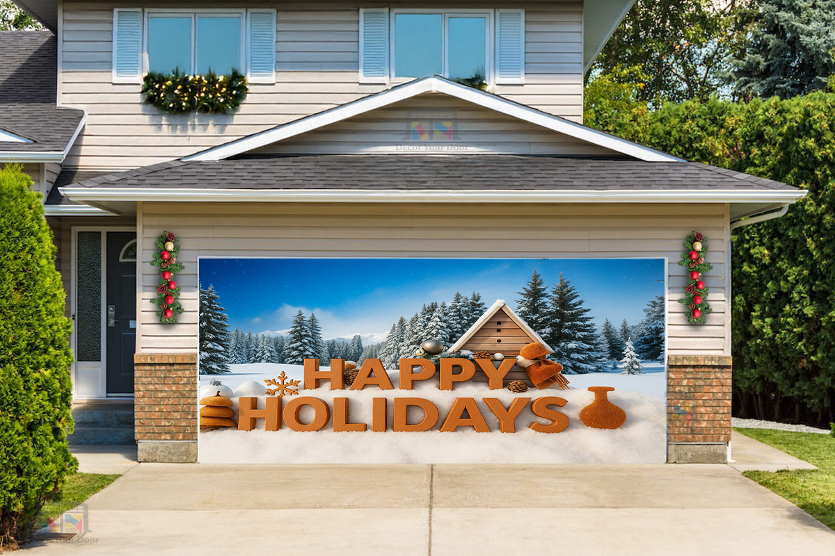 Snowy Happy Holidays Greeting Garage Door Cover Banner Decoration - Decor Your Door