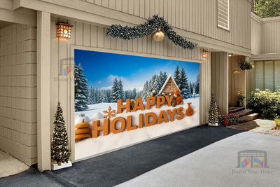 Snowy Happy Holidays Greeting Garage Door Cover Banner Decoration - Decor Your Door