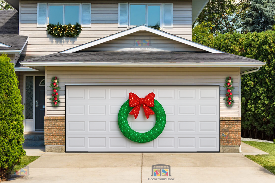 Sparkle Bow Glow Wreath – Christmas Garage Door Cover